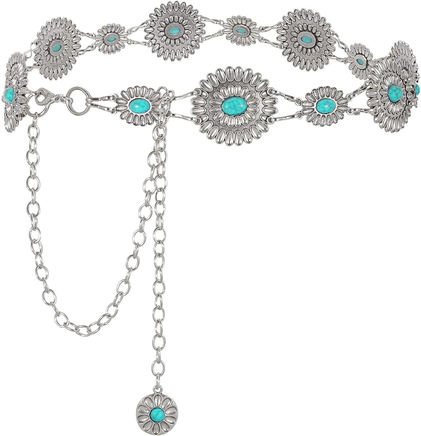 WHIPPY Women Concho Chain Belt Metal Link Western Cowgirl Turquoise Chain Belt f...