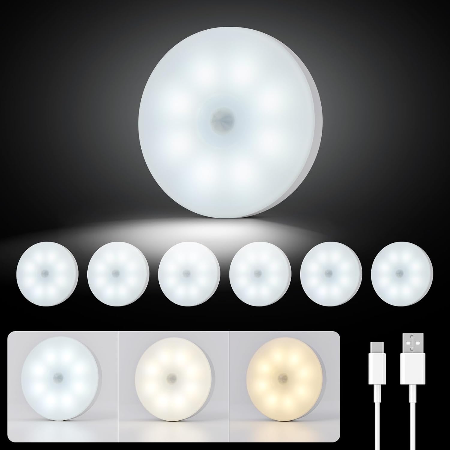 Combuh 6Pack Motion Sensor Lights Indoor USB-C LED Rechargeable Stair Night Ligh...