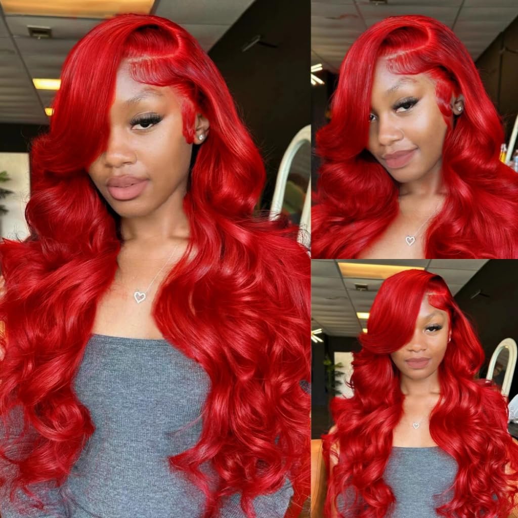 Red Lace Front Wigs, Premium Human Hair Pre Plucked Wig, High-Density Body Wave...