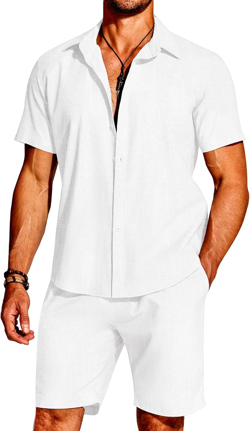 COOFANDY Men's Cotton Linen Set, Special 2 Pieces Short Sleeve Button Down Shirt...