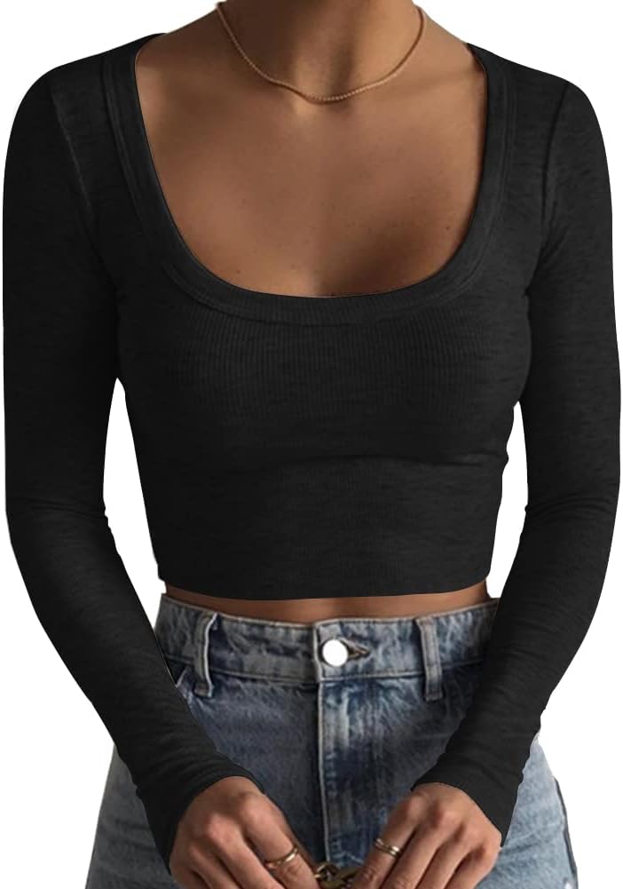 Artfish Women's Crop Top, Special Square Neck Long Sleeve Ribbed Slim Fitted Cas...