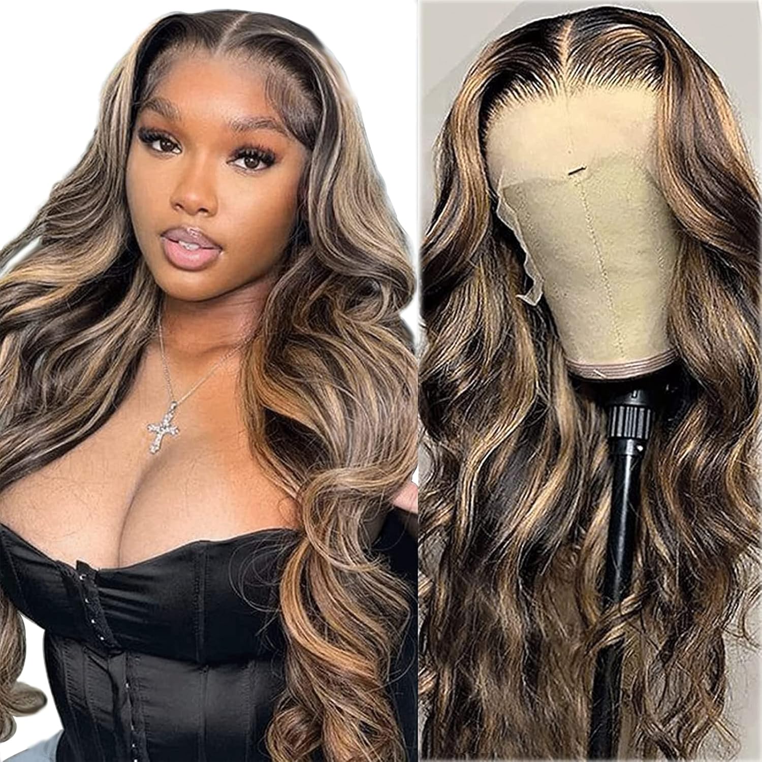 MEGALOOK Highlight Ombre 13x4 Transparent Lace Front Wigs Human Hair 200% Densit...