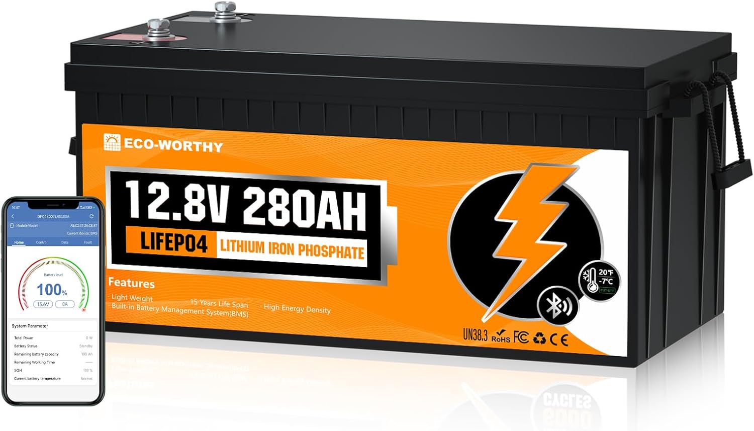 ECO-WORTHY 12V 280AH LiFePO4 Lithium Battery with Bluetooth, Low Temp Protection...
