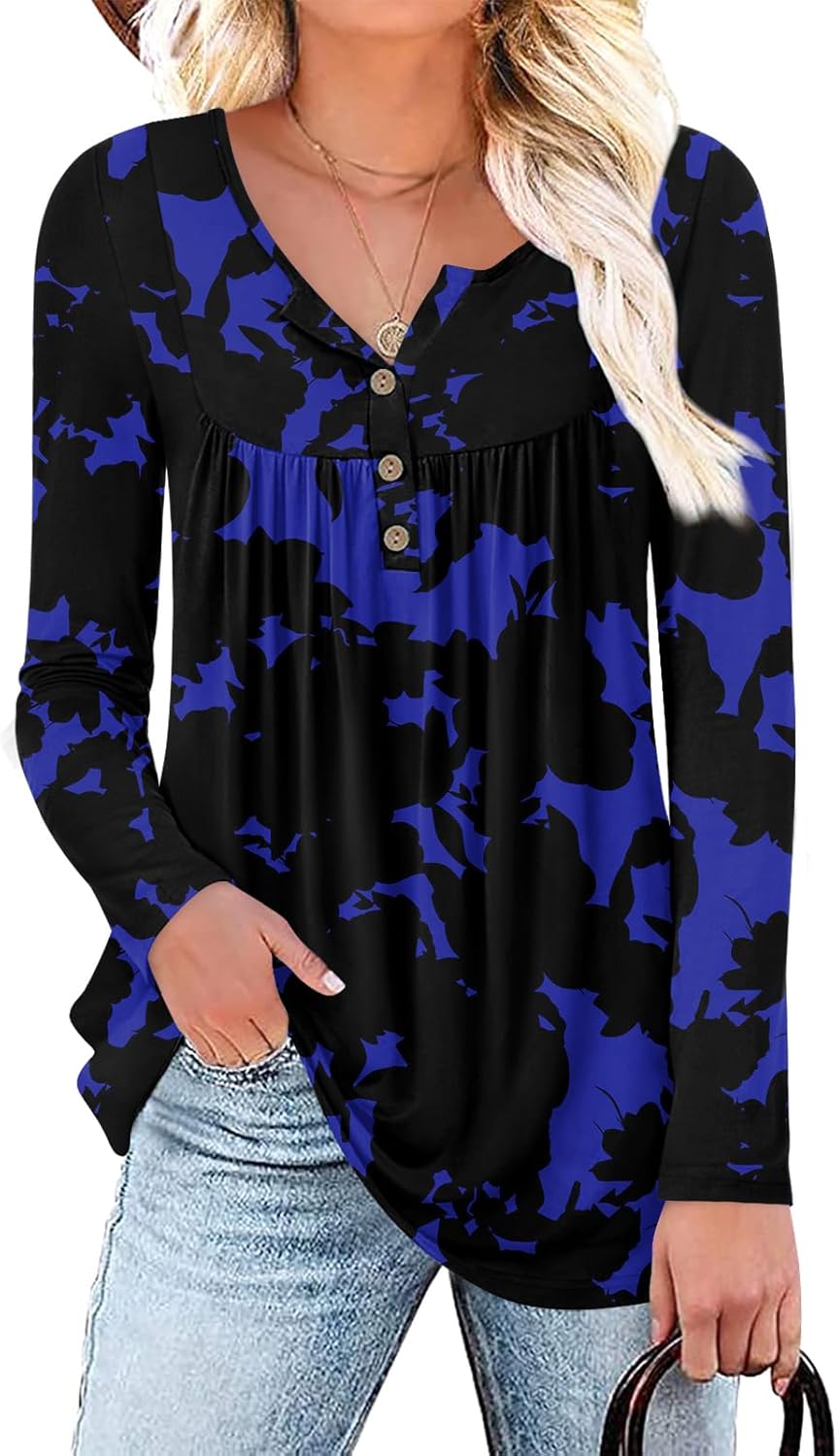 Aodemo Women's Fall Henley V Neck Button Up Tunic Ladies Loose Fit Tops Flowy Lo...