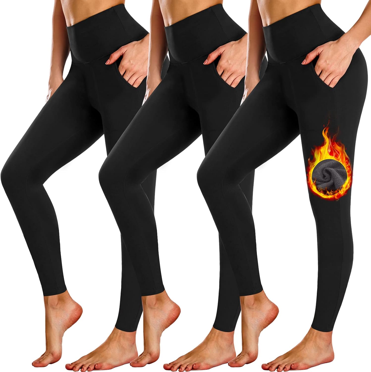 NEW YOUNG 3 Pack Fleece Lined Leggings with Pockets, Special High Waisted Therma...