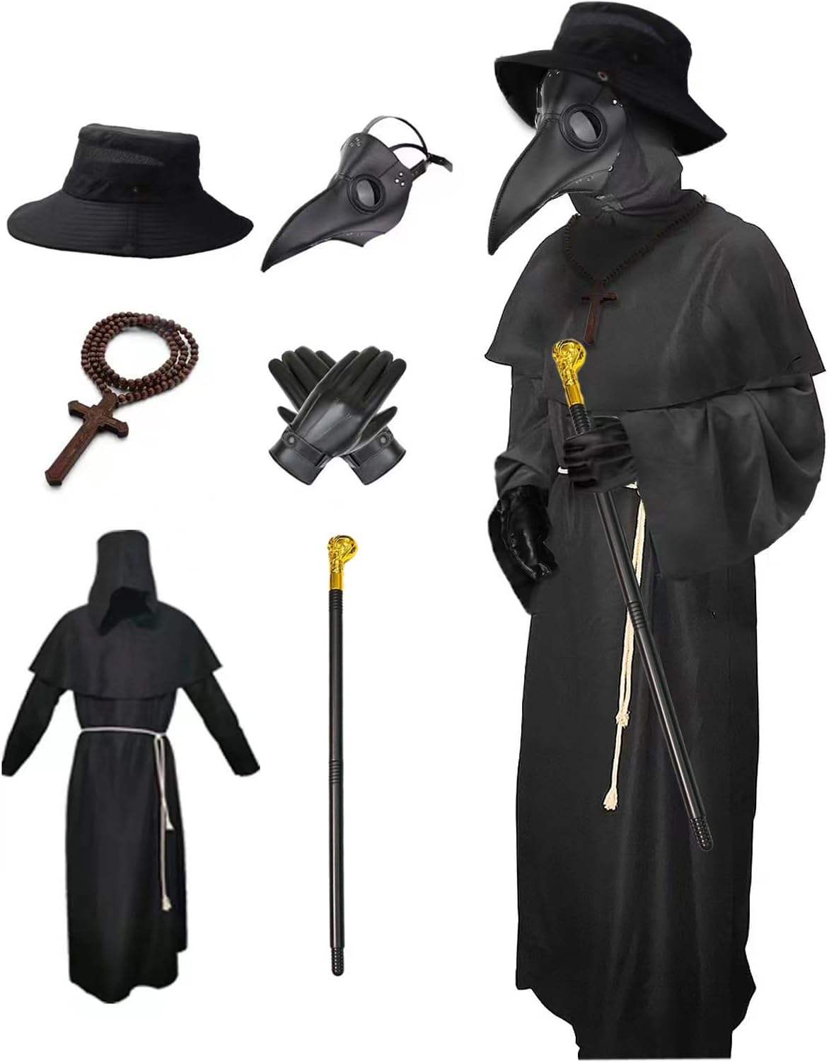 Nicexx Plague Doctor Mask Costumes Set 6 in 1 Halloween Beak Mask Plague Dr Outf...
