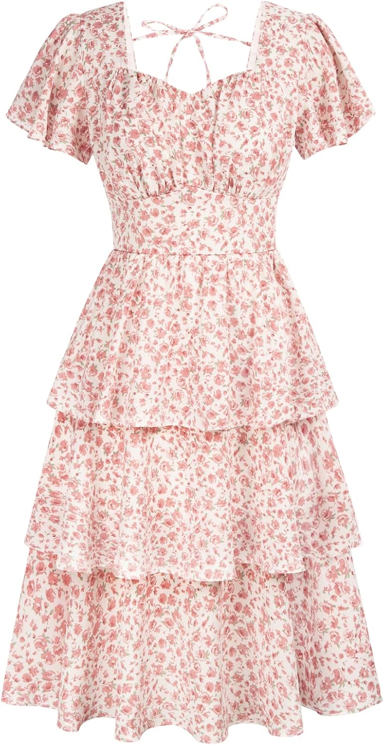 Belle Poque Women's Square Neck Tiered Ruffle Dress 2024 Summer Vintage Short Sl...