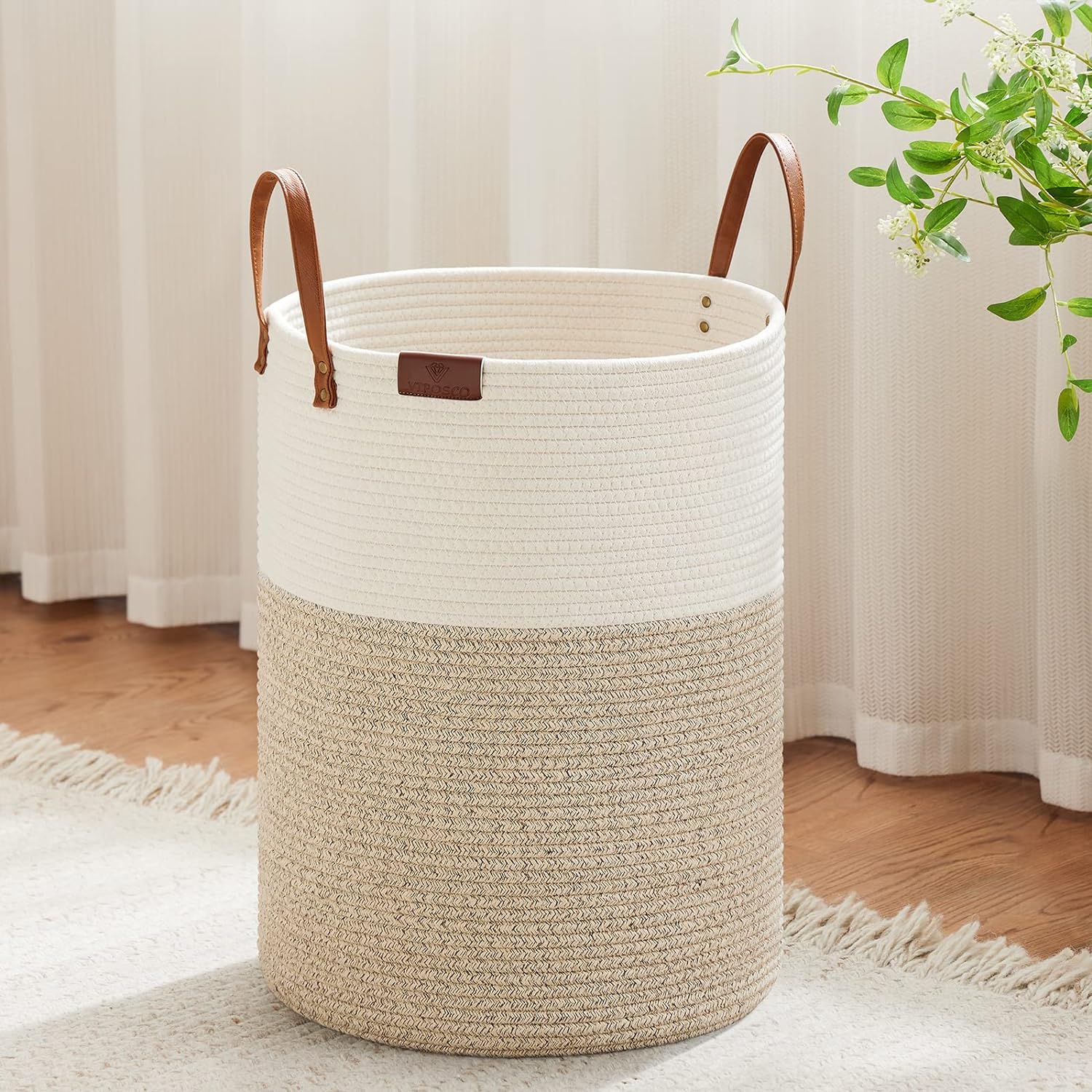VIPOSCO Tall Laundry Basket, Large Dirty Clothes Hamper with Leather Handle, Wov...