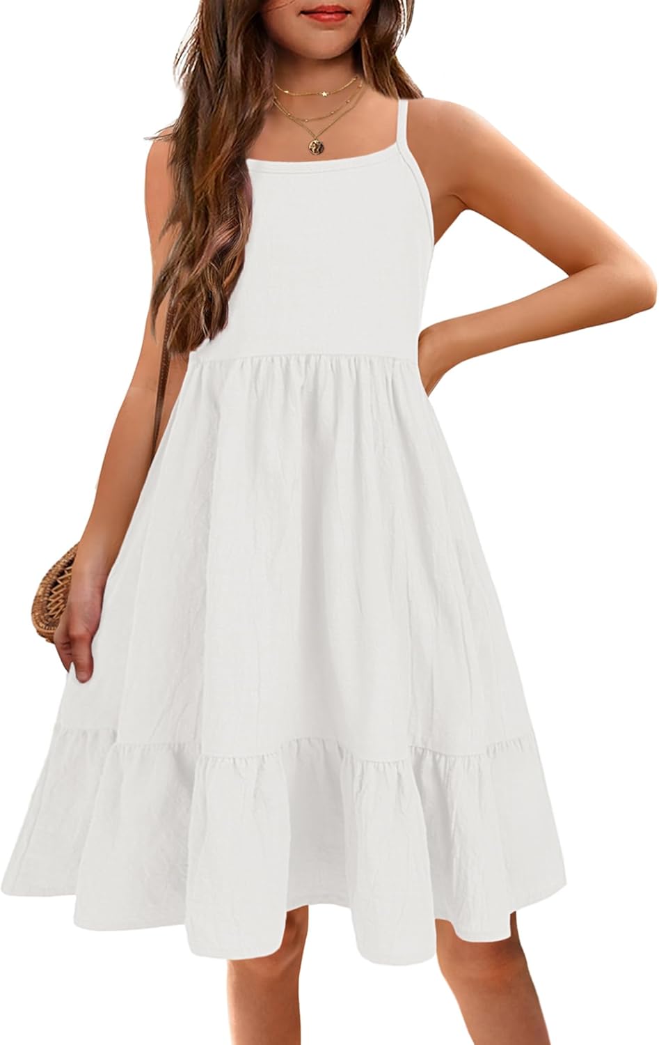 Arshiner Girl's Summer Dress, Special Spaghetti Strap Solid Linen, Unique Midi D...