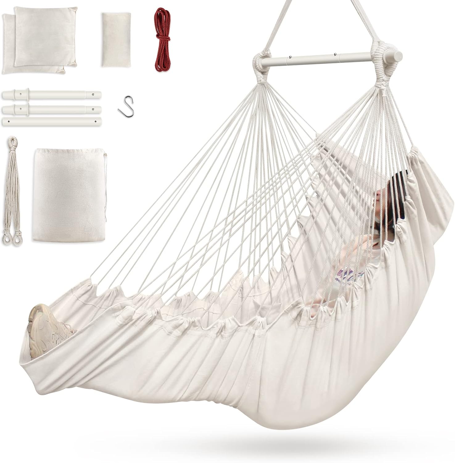 Hammock Chair, Cotton Rope Handwoven Chair with Collapsible Metal Spreader Bar M...