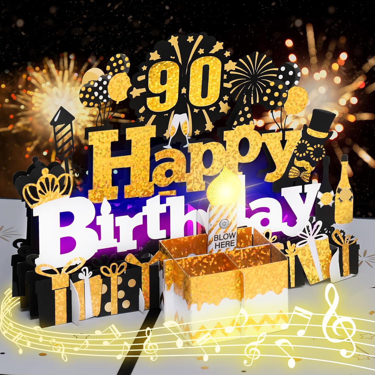 Birthday Card, 90th Musical Birthday Cards with Blowable Light Candle Happy Birt...