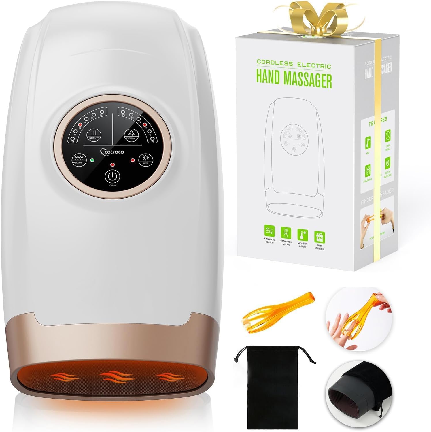 Cotsoco Hand Massager Machine with Heat and Compression, 6 Levels Shiatsu Massag...