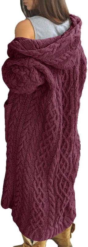 NIUBIA Womens Casual Long Sleeve Open Cardigan Warm Hooded Outwear Coat Cable Kn...