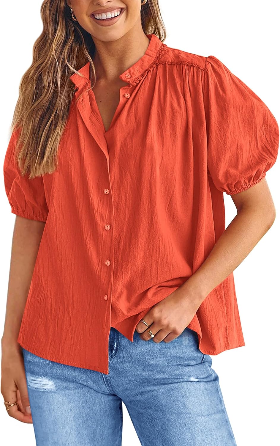 PRETTYGARDEN Women's Summer Shirt, Special Button Down Shirt with Short Lantern...