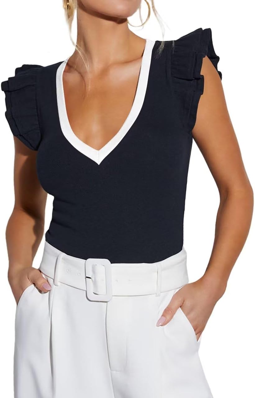 Ezbelle Women's Summer Sleeveless Tops V Neck Ruffle Shirts Knit Ribbed Tank Top...