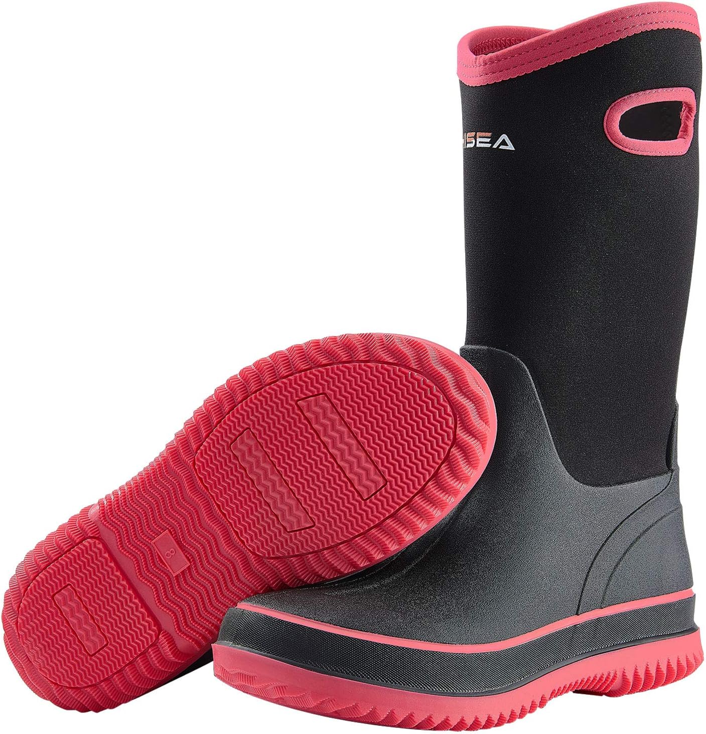 HISEA Women Mud Boots, Special Mid Calf Neoprene Rubber Boots with Pull on Handl...