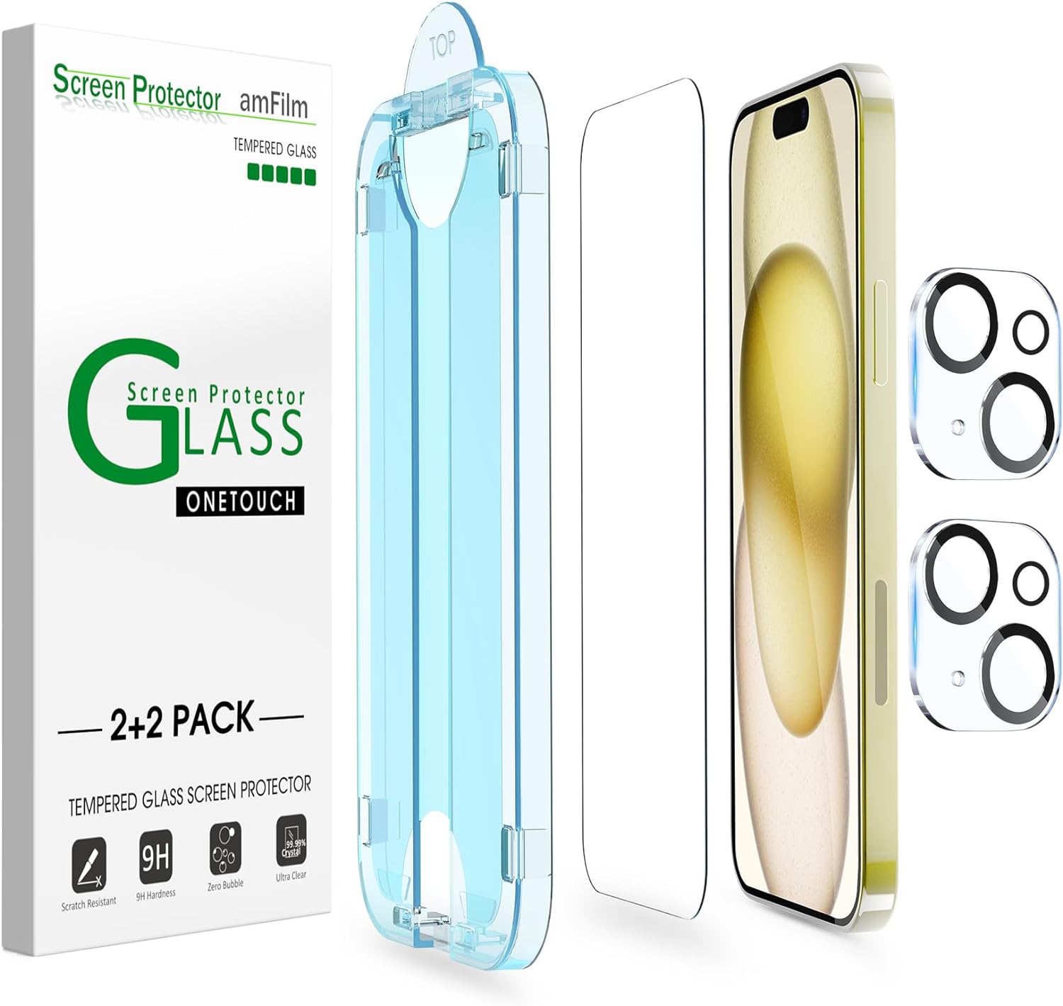 amFilm OneTouch 2+2 Pack Compatible with iPhone 15 Screen Protector 6.1" Tempere...