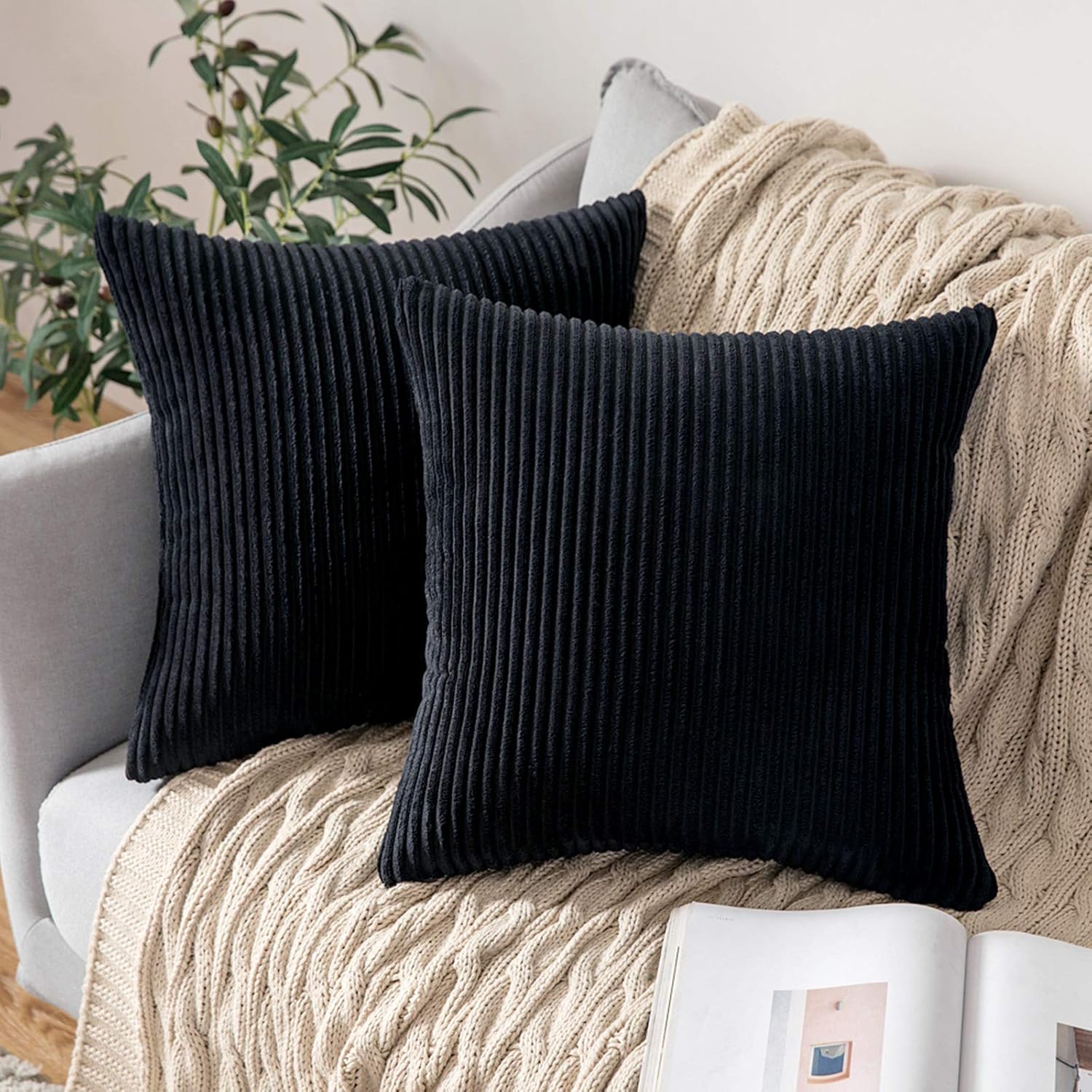 MIULEE Striped Corduroy Fabric Square Throw Pillow Case,Solid Cushion Cover Sham...