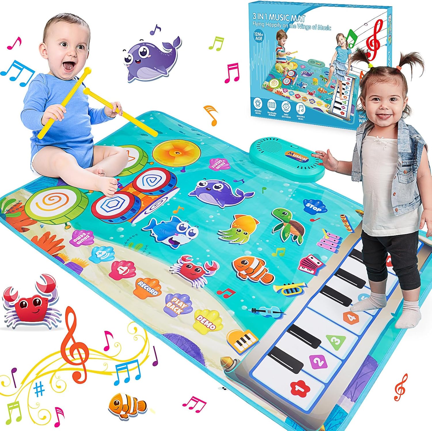 Musical Toys for 1 2 3 Year Old Boys Girls, 3 in 1 Animal Musical Mat with 19 So...