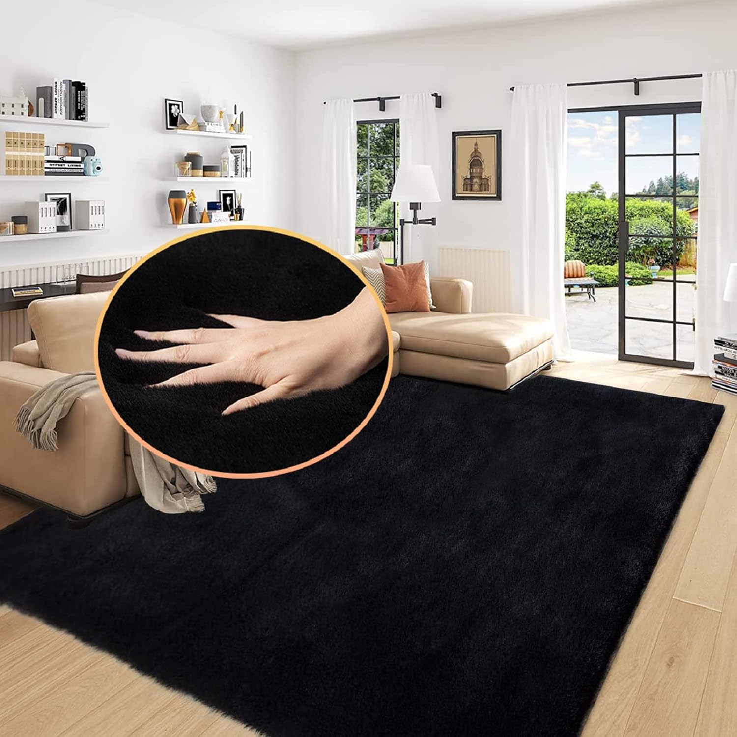 Black Washable Area Rugs 6x9 Rugs for Living Room Faux Rabbit Fuzzy Fur Rug for...