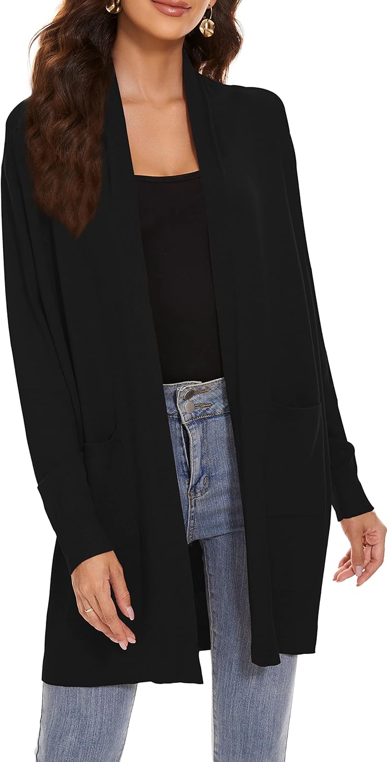 Huuloo Women's Open Front Long Shawl Cardigan Sweater with Pockets X-Large Black