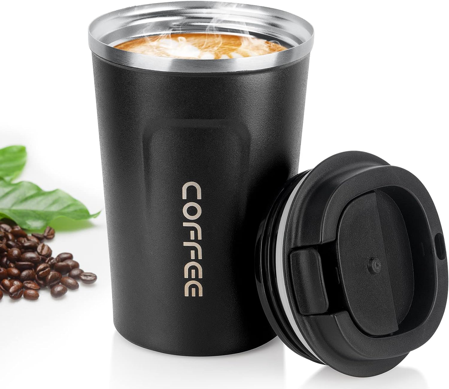 MOMSIV Black Coffee Cup, Vacuum Reusable Leakproof Double Wall Coffee Cup, Insul...