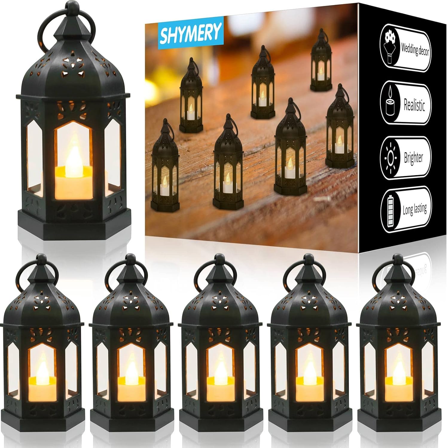 SHYMERY Mini Lantern with Flickering LED Candles,Vintage Black Decorative Hangin...