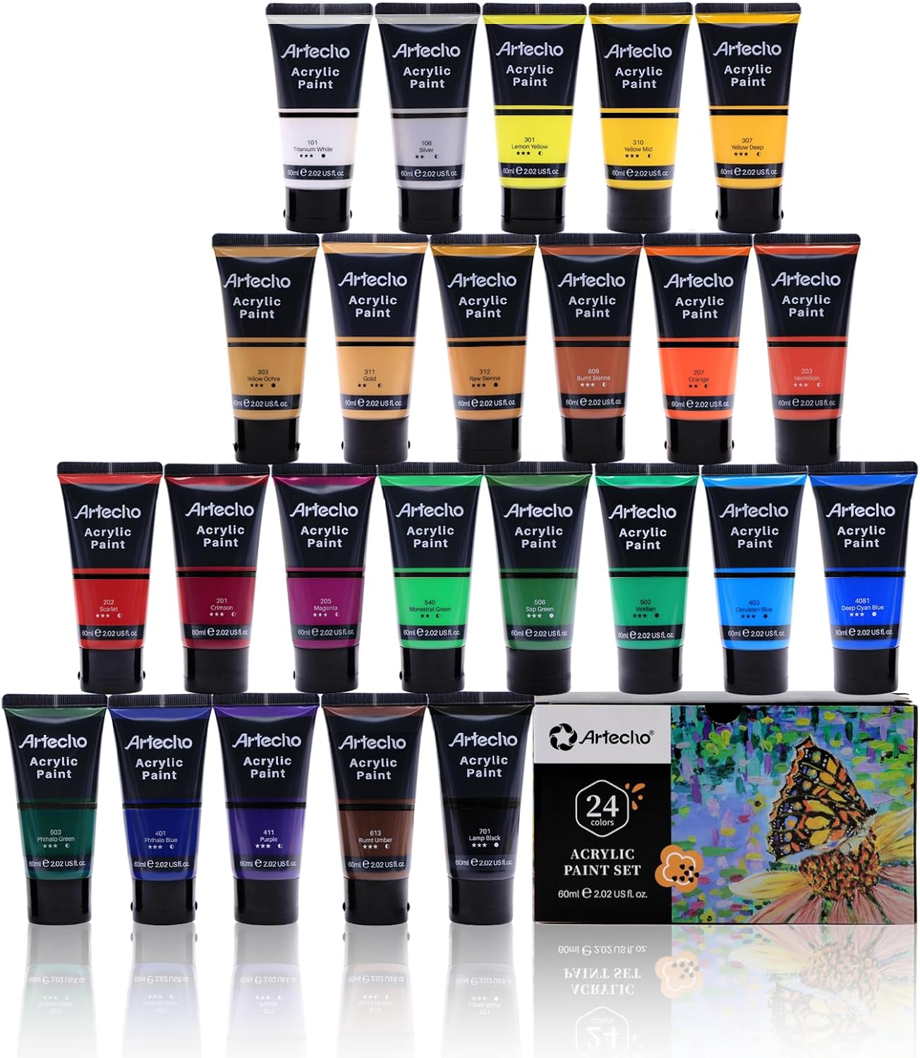 Artecho Professional Acrylic Paint Set, 24 Basic Colors Tubes (60ml / 2.02oz) Ar...