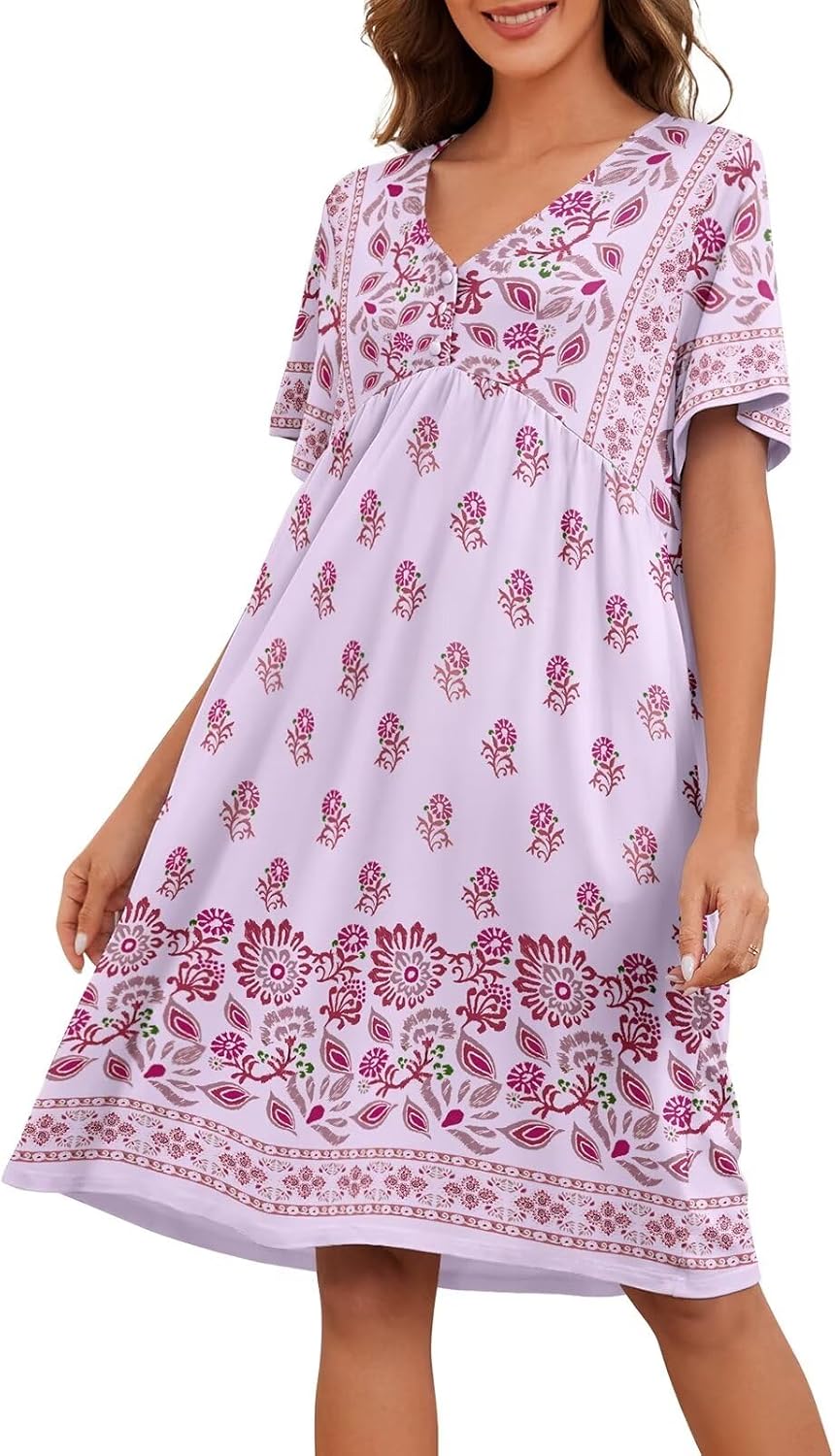 Womens House Dress Floral Print Nightgown with Pockets Mumu Dress S-3XL Light Pu...