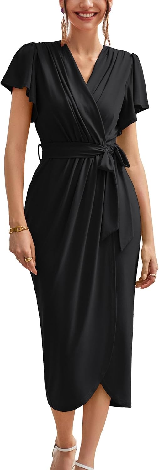 GRACE KARIN Women’s Dresses Ruffle Short Sleeve Ruched Wrap Summer Dress Bodycon...