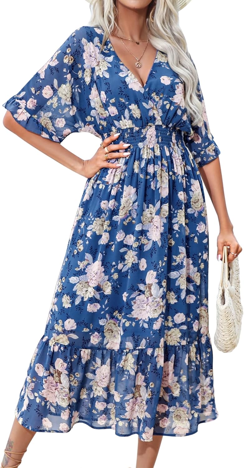 Women's Spring Summer 2024 Floral Midi Dress A Line Chiffon Boho Dress Casual Sh...