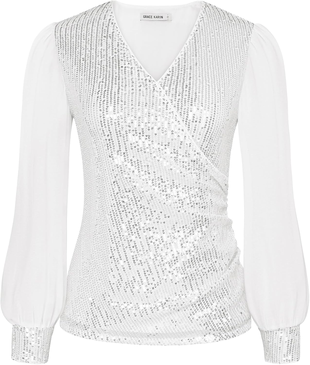 GRACE KARIN Women’s Sequin Top Long Lantern Sleeve V-Neck Wrap Sparkly Party Blo...
