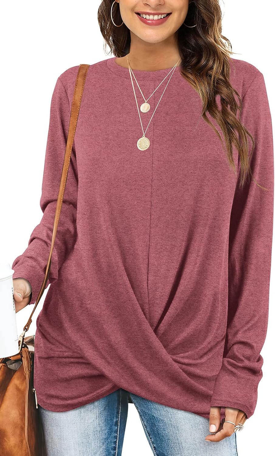 Jescakoo Tunic Tops For Leggings For Women Twist Front Long Sleeve Crew Neck Shi...