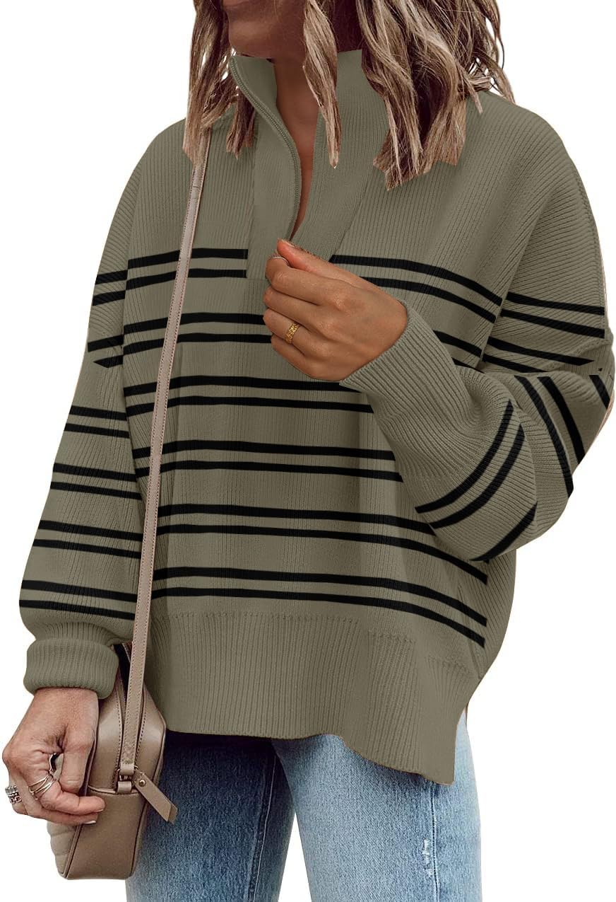 Womens Sweaters Casual Zipper Neck Knit Tops Batwing Sleeve Oversized Sweatshirt...