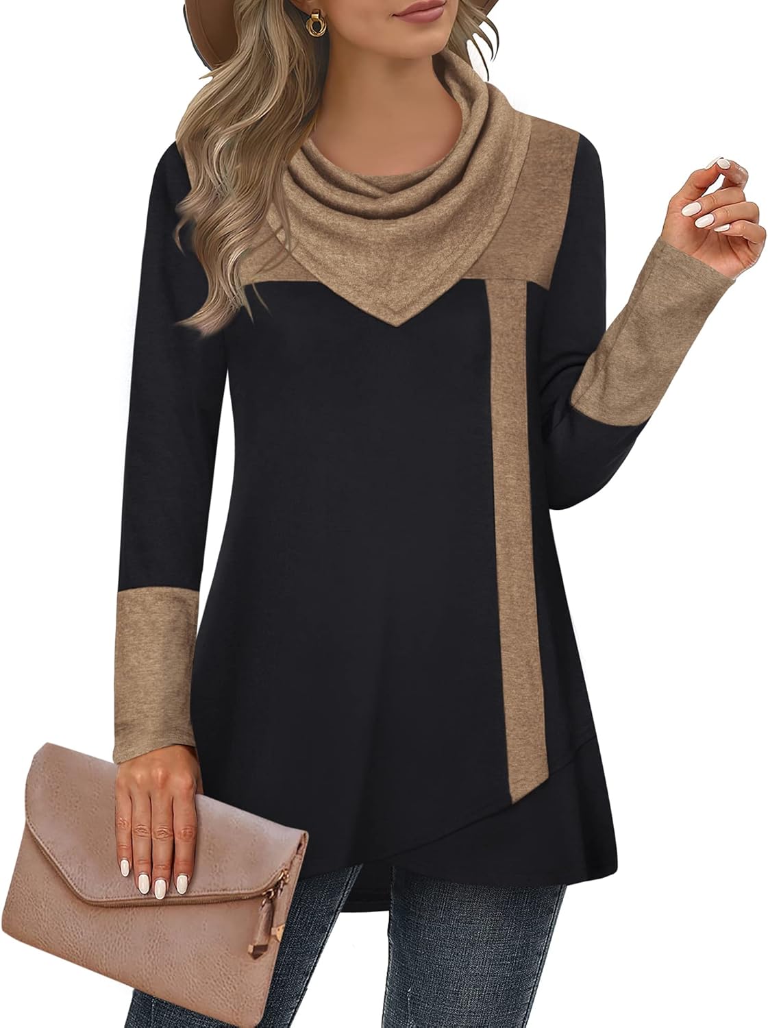 Furnex Women's Long Sleeve Sweater, Special Cowl Neck Tunic Top, Innovative Casu...