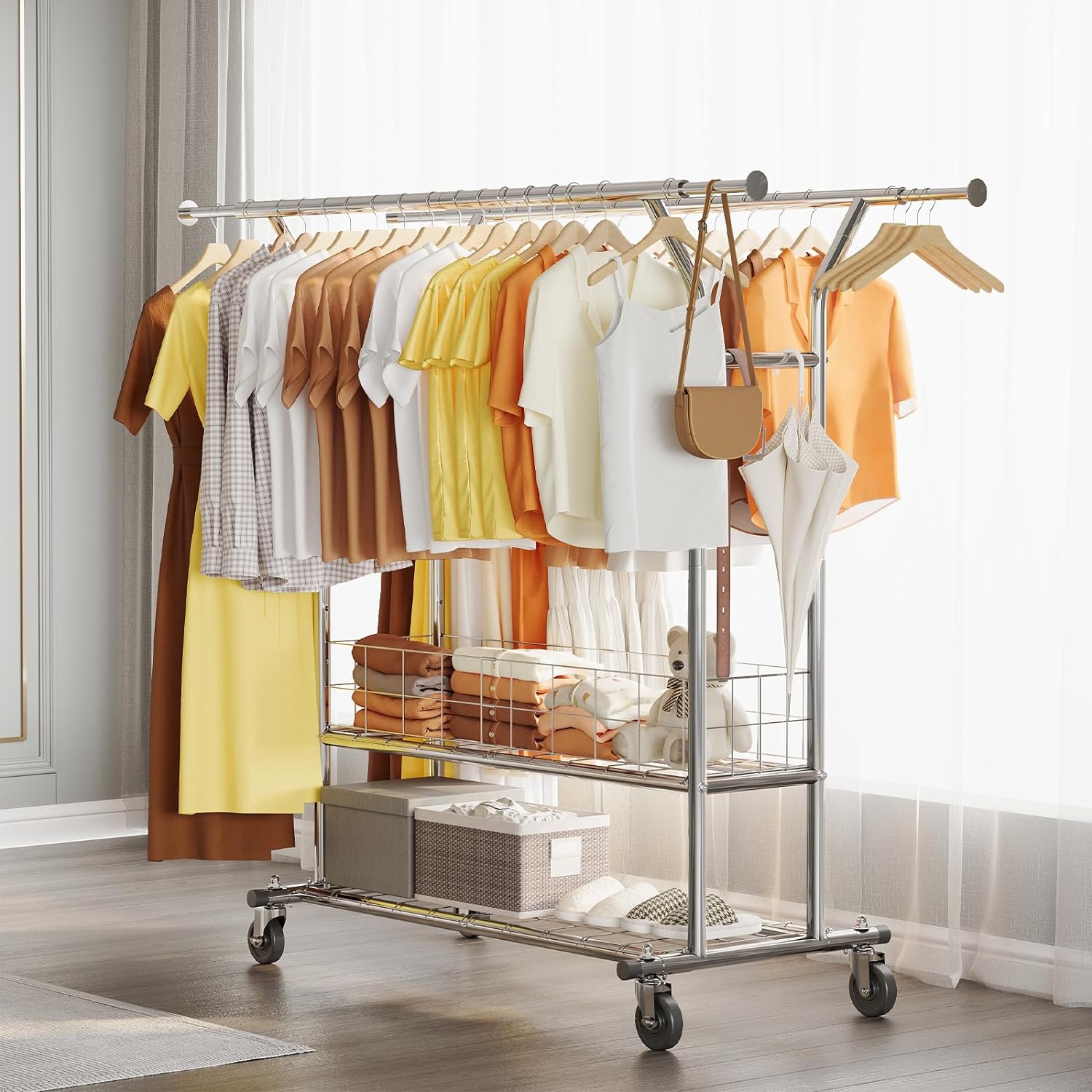 HOKEEPER Heavy Duty Clothes Rack, 625 lbs Clothing Racks with Wheels, Rolling Ga...