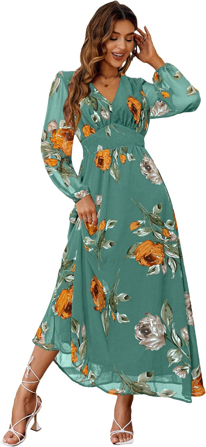 Simplee Women's Boho Floral Maxi Dress Flowy Casual V Neck Short Sleeve Wedding...
