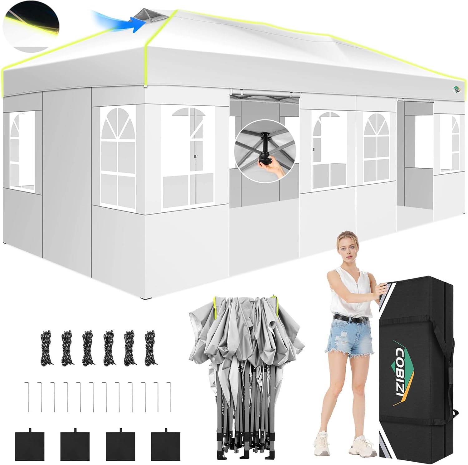 COBIZI 10x20 Pop Up Canopy, One Push Setup Glow Outdoor Tent with 6 Sidewalls, 3...