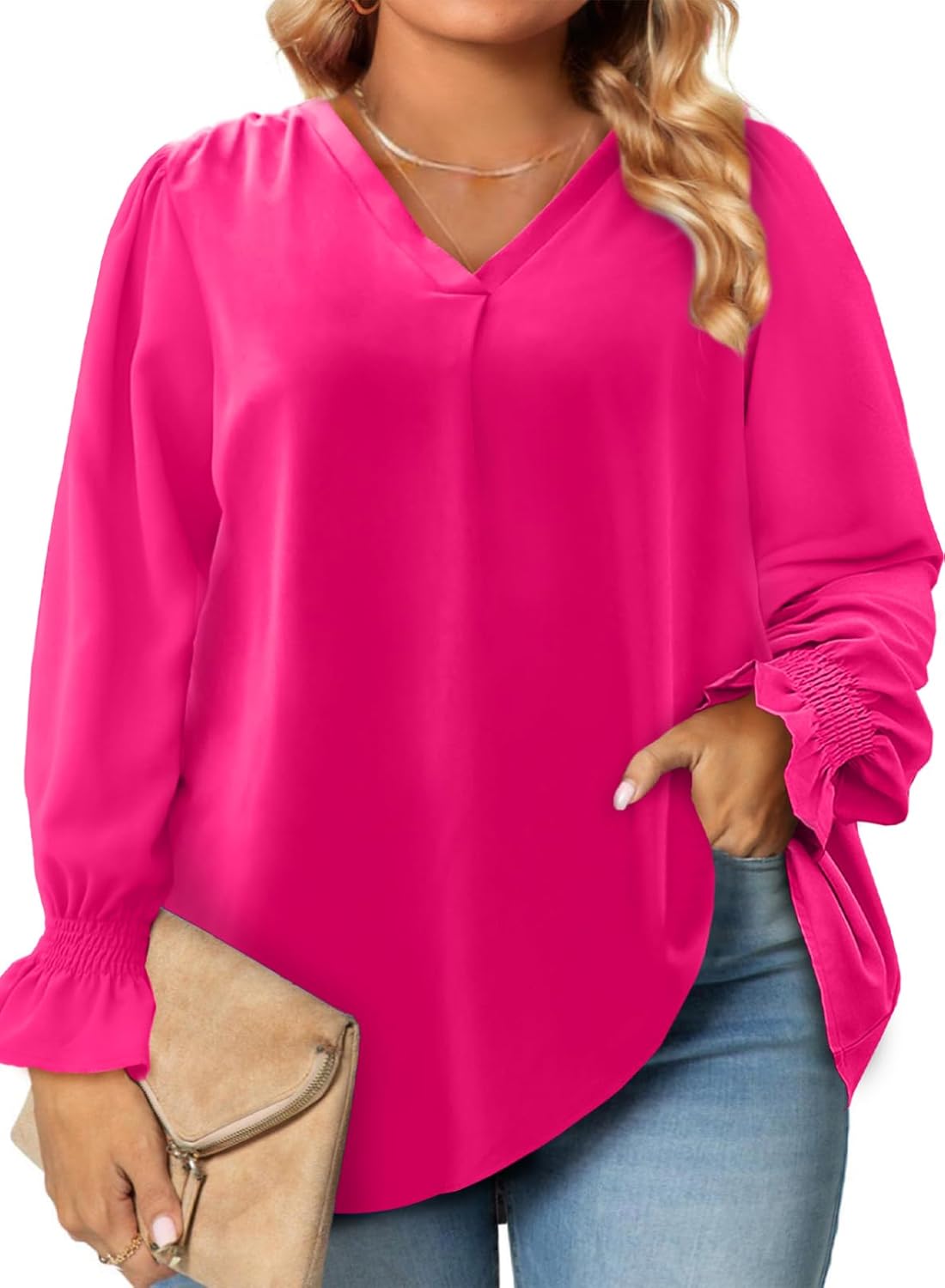 Eytino Plus Size Tops, Special Women Sexy V Neck Tops, Innovative Smocked Long S...