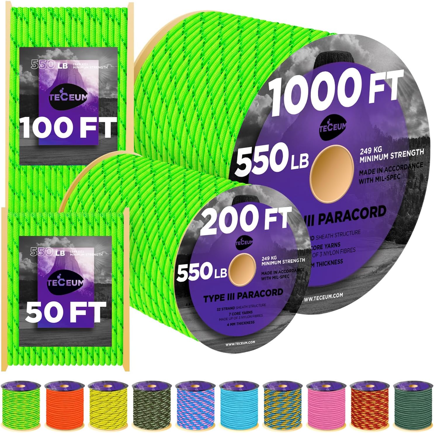 TECEUM Reflective Paracord Rope 1000 – 1000ft / 200ft / 120ft / 100ft / 50ft – 4...