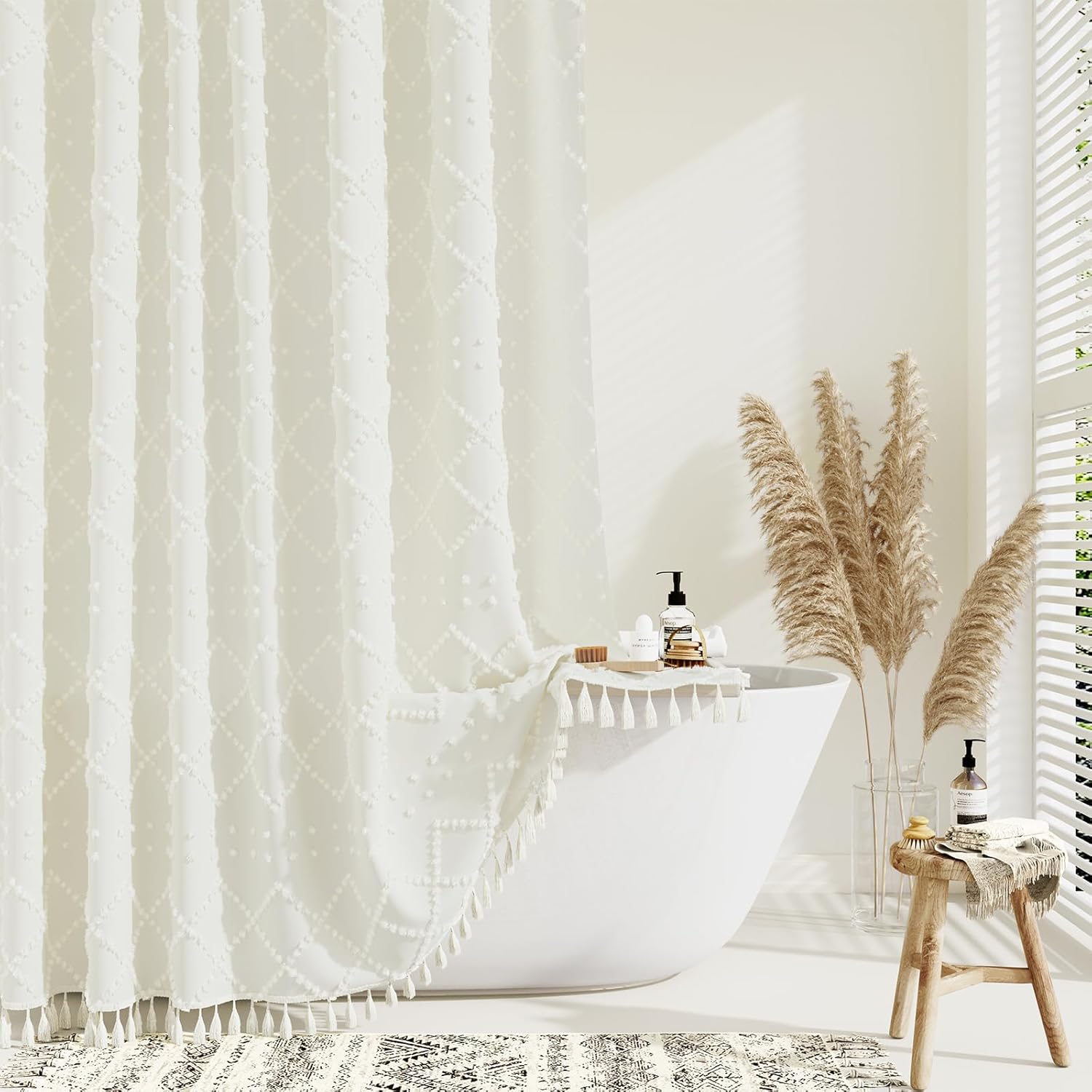 Dynamene Extra Long Shower Curtains, 96 Inches Long Boho Tufted Geometric Stripe...