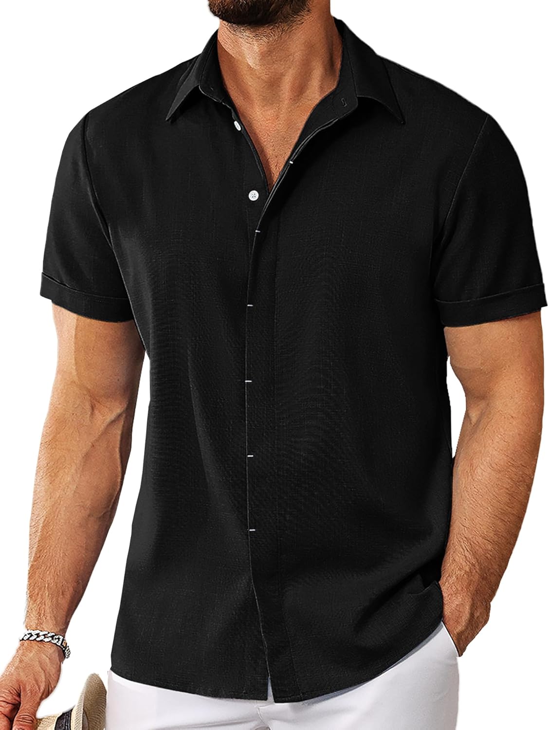 Men's Linen Shirts Short Sleeve Casual Button Down Shirt for Men Summer Beach Va...