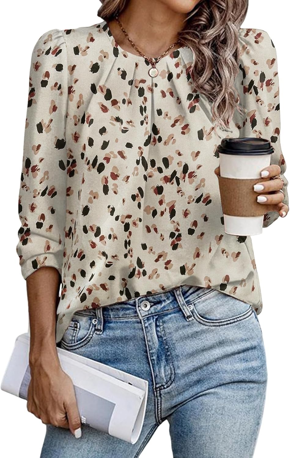 Samefar Womens Tops Dressy Casual Pleated Crew Neck Long Sleeve Shirts Office Wo...