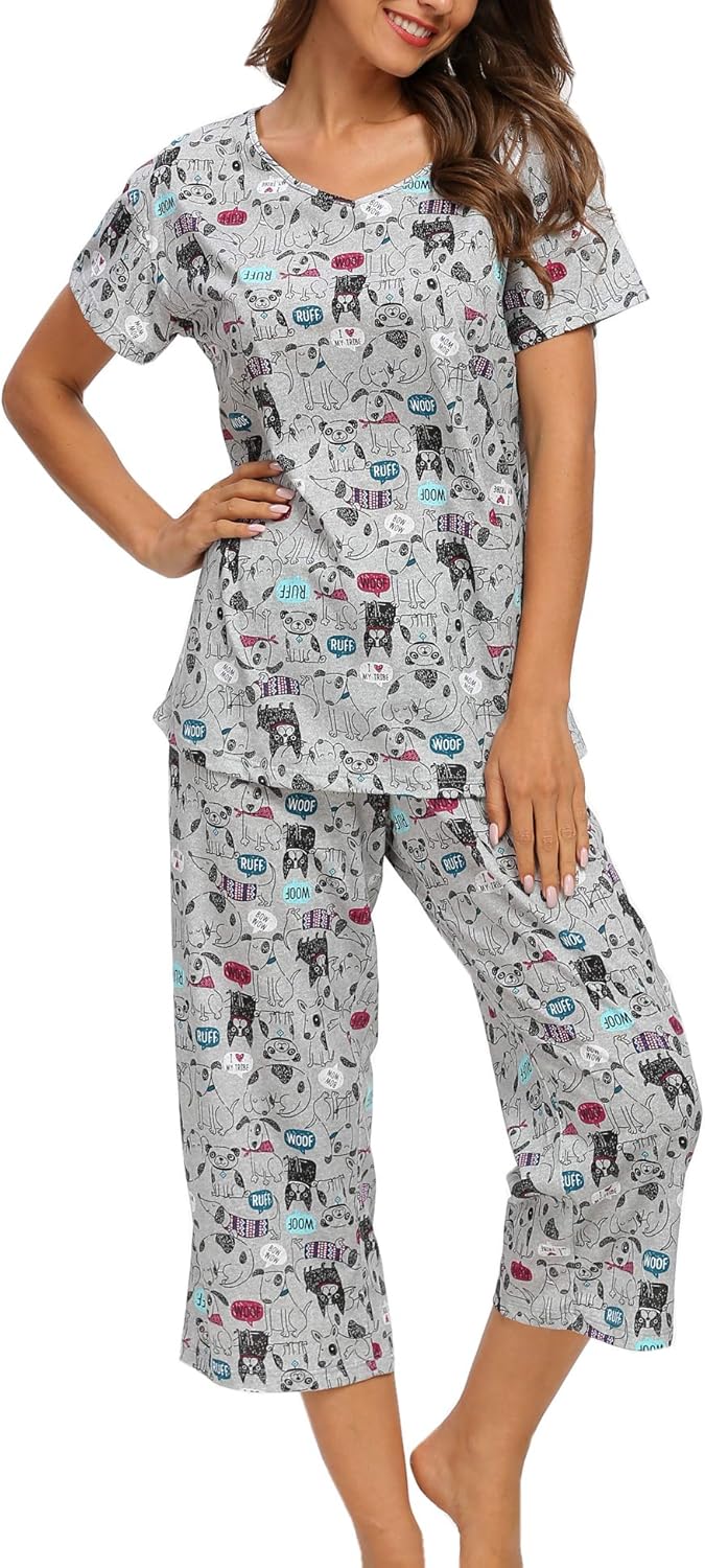 ENJOYNIGHT Women's Pajama Sets Cotton Sleepwear Tops with Capri Pants Cute Pjs L...
