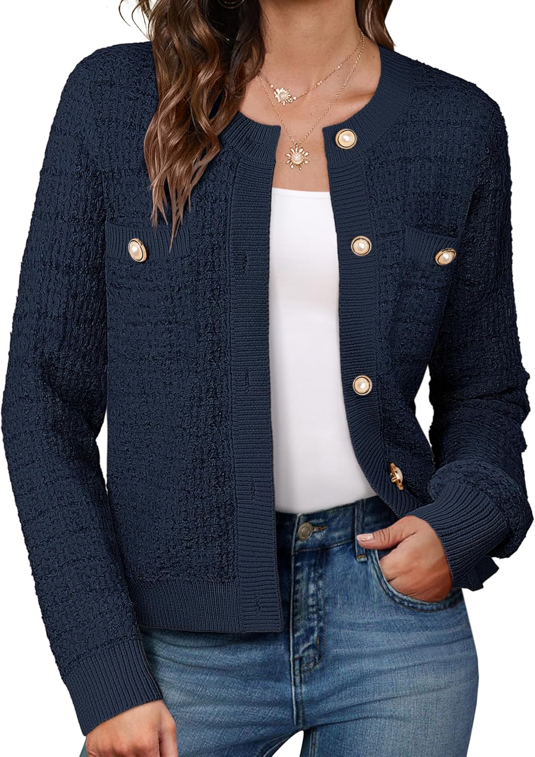 GRACE KARIN Womens Open Front Button Down Long Sleeve Texture Knit Cardigan Swea...