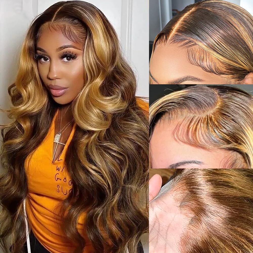 30 Inch Ombre Lace Front Wig, Special Human Hair 4/27 13x4 Body Wave Highlight L...