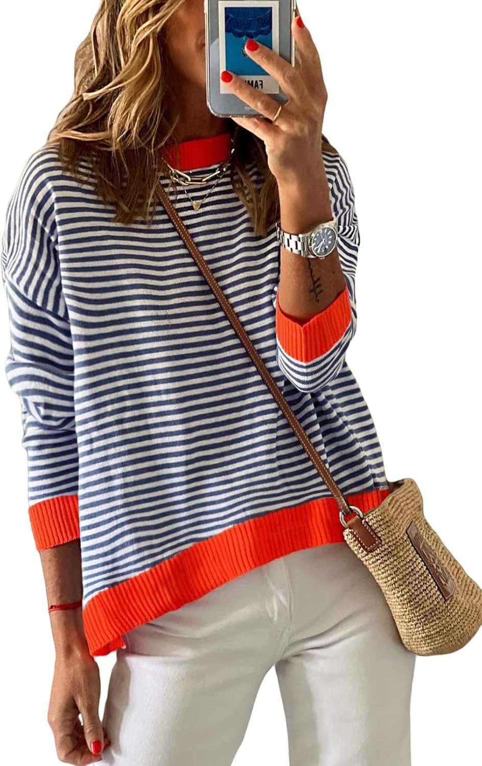 Women’s Striped Sweater Long Sleeve Crew Neck Ribbed Knit 2024 Fall Winter Pullo...