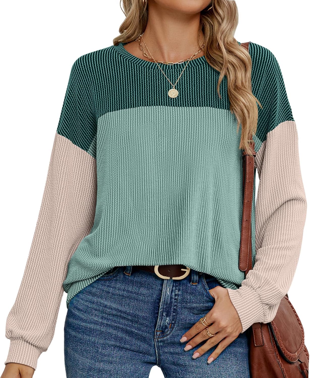Womens Color Block Long Sleeve Crewneck Knitted Casual Loose Pullover Shirts Top...