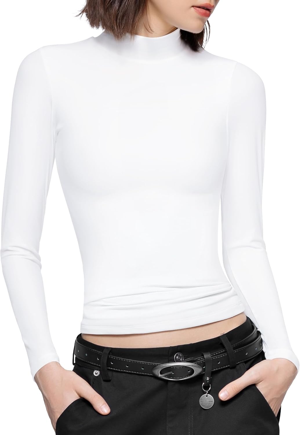 PUMIEY Women's Long Sleeve T Shirts, Special Mock Turtleneck Slim Fit Tops, Sexy...