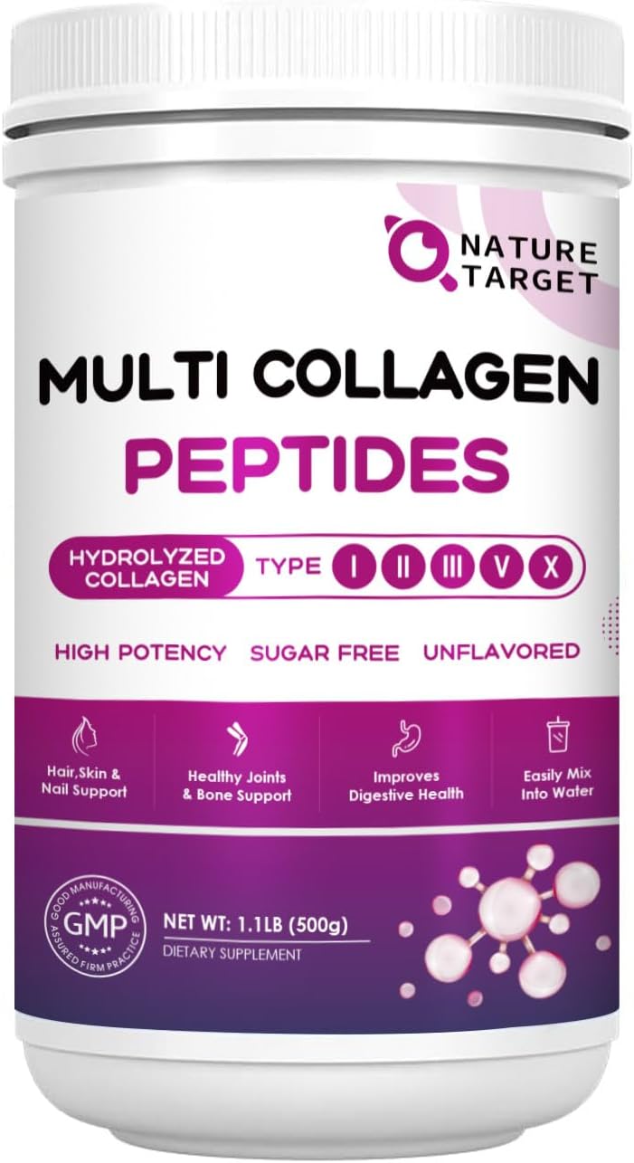 NATURE TARGET Multi Collagen Peptides Powder - Type I, II, III, V, X - Hydrolyze...